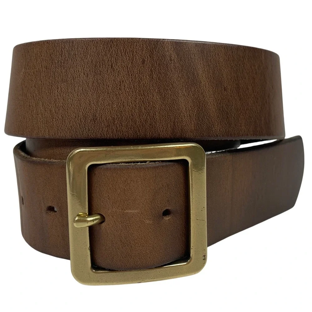 Vintage Handmade Leather Belt Mens 38 Brown Brass Square Buckle Full Grain